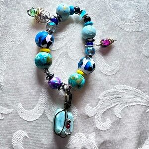 Artisan Charm Bracelet Aventurine and Hand Painted Wood Beads, Glass 0815 P
